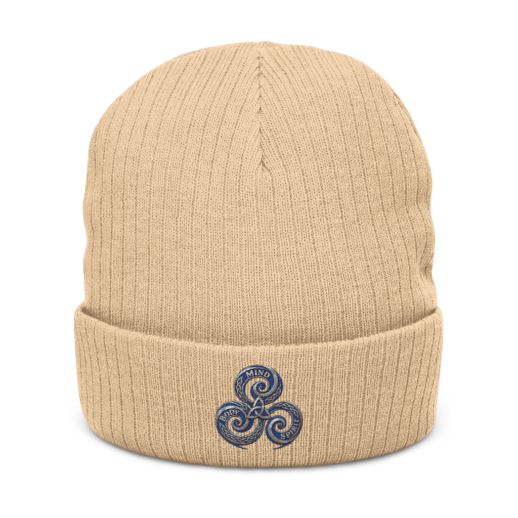 Embroidered Triskelion Ribbed Beanie — Celtic Spiral Knit Hat
