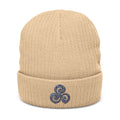 Embroidered Triskelion Ribbed Beanie — Celtic Spiral Knit Hat