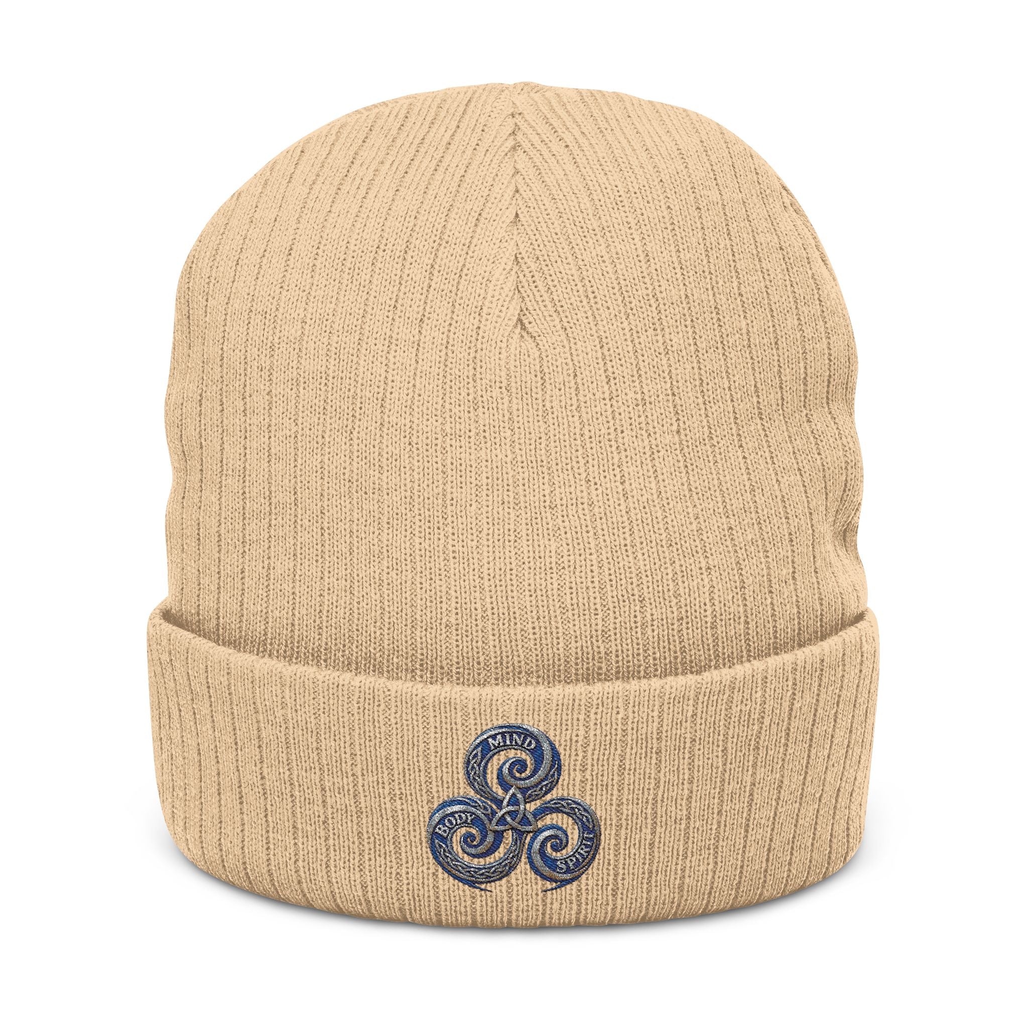 Embroidered Triskelion Ribbed Beanie — Celtic Spiral Knit Hat