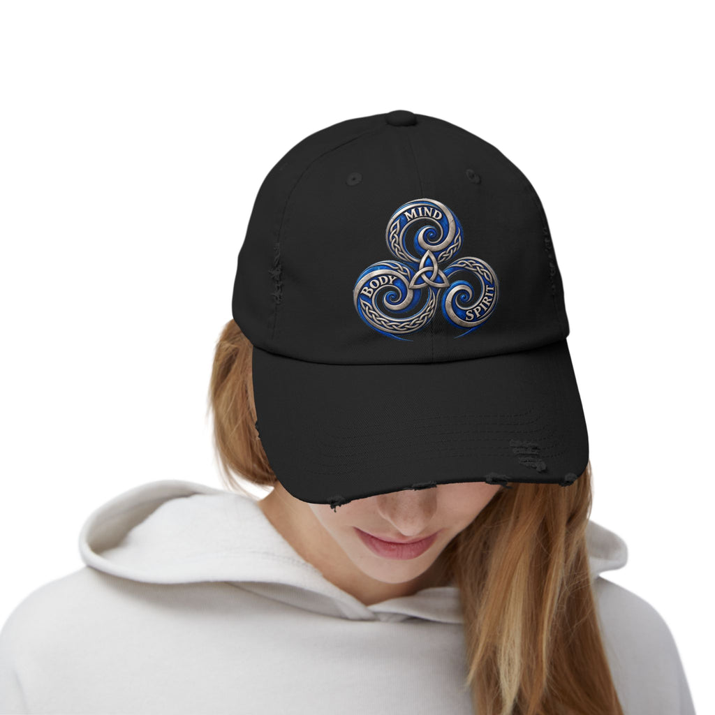 Distressed Triskelion Cap - Mind Body Spirit Embroidered Baseball Hat