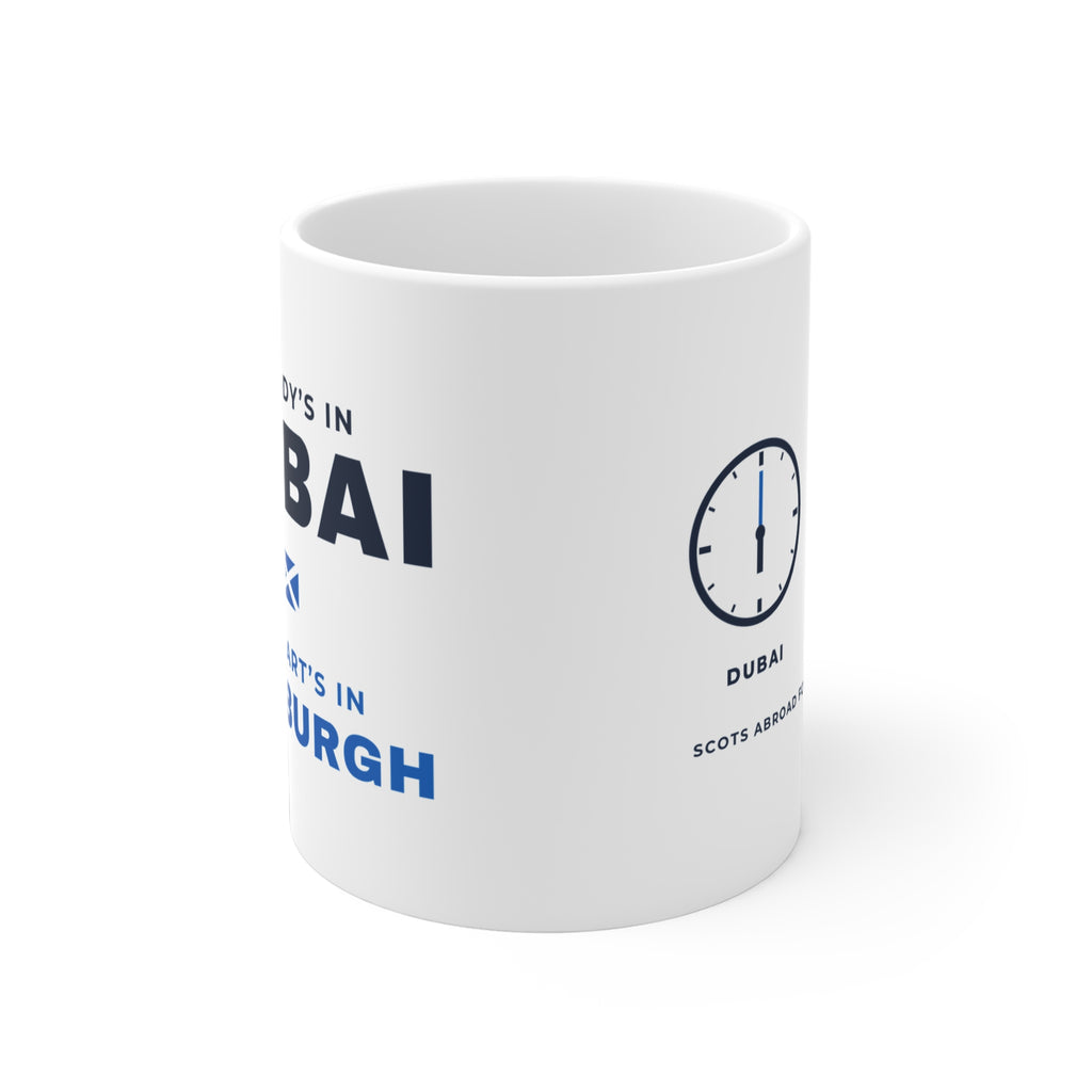 "My Body's in Dubai, My Heart's in Edinburgh" Mug (Asia & Middle East Shipping) | Scottish Expat Time-Zone Gift