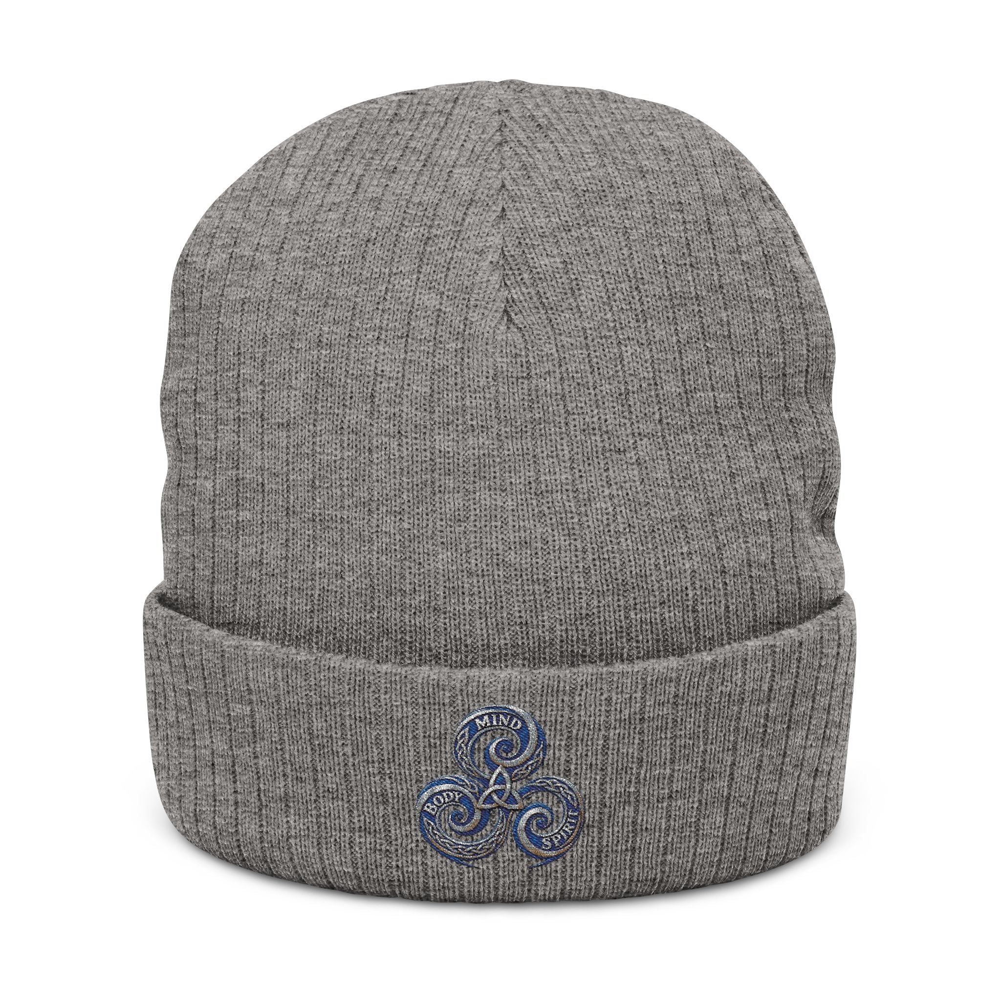 Embroidered Triskelion Ribbed Beanie — Celtic Spiral Knit Hat