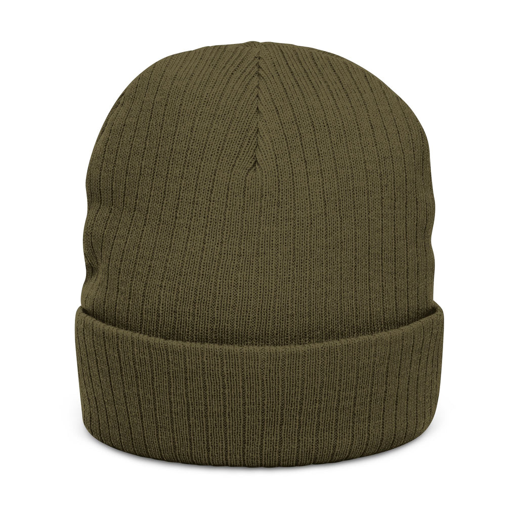 Embroidered Triskelion Ribbed Beanie — Celtic Spiral Knit Hat