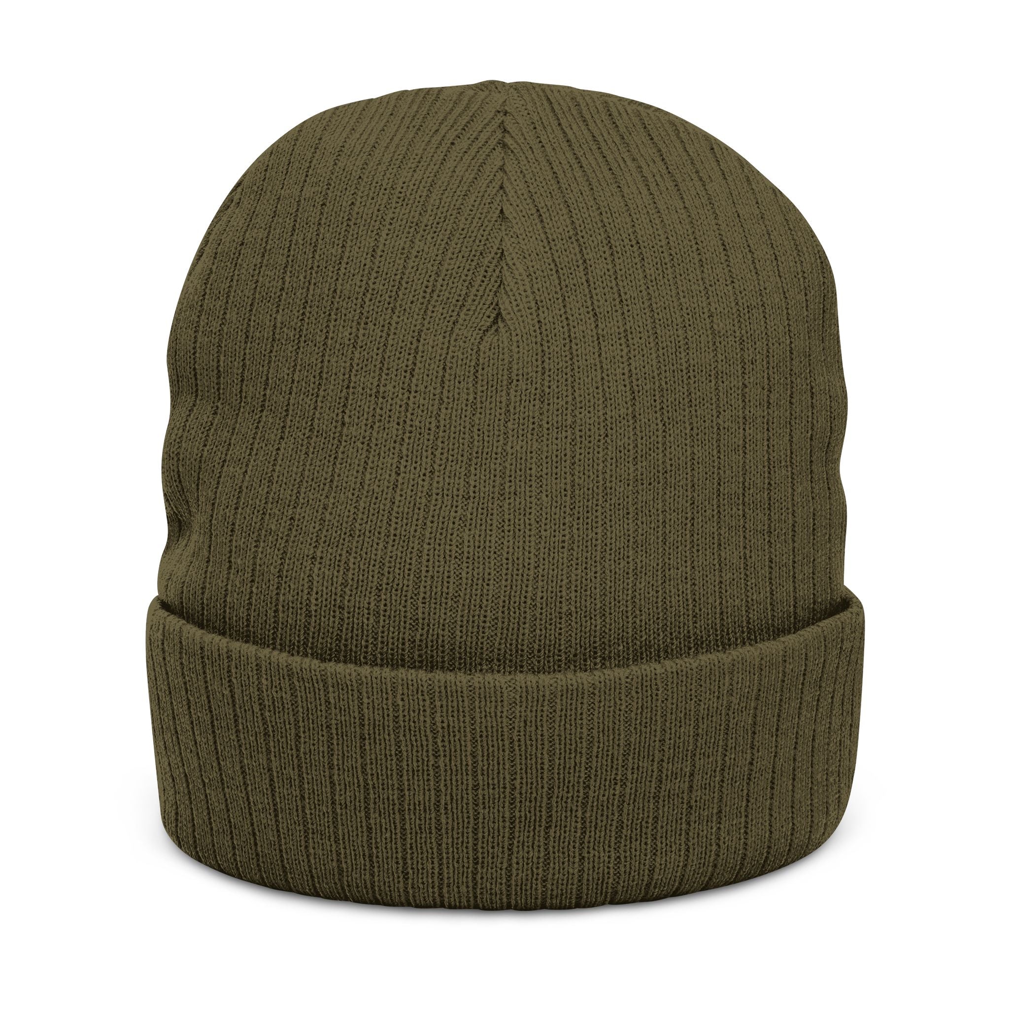 Embroidered Triskelion Ribbed Beanie — Celtic Spiral Knit Hat