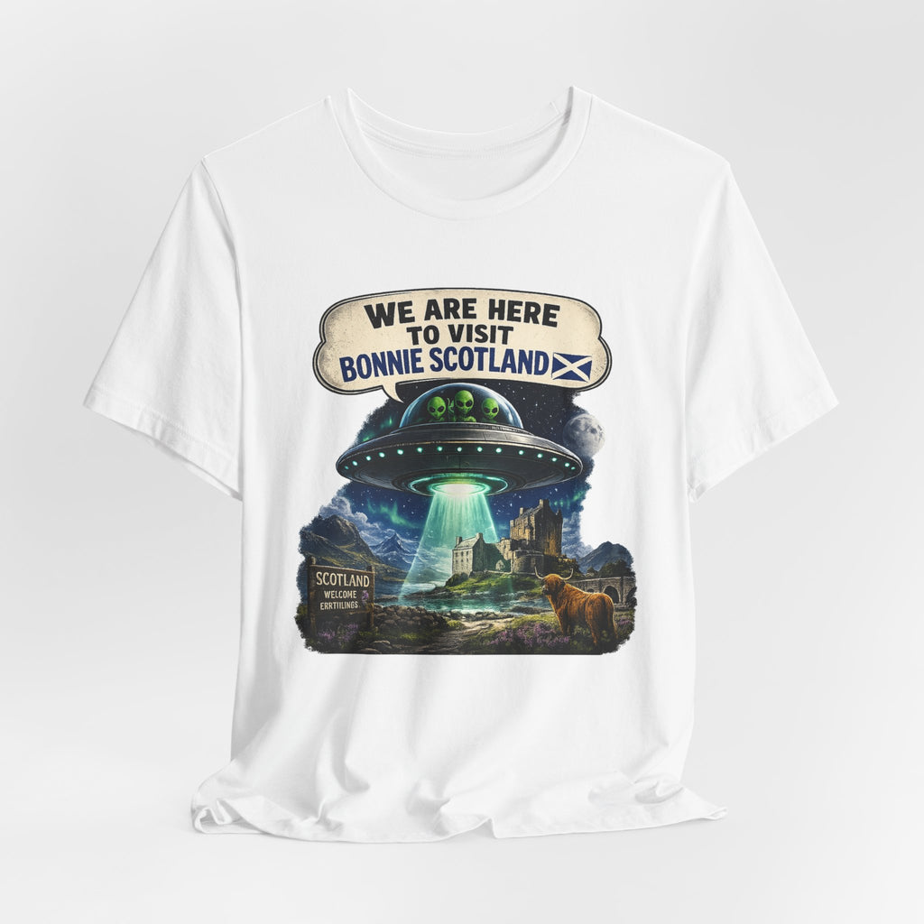 Scotland UFO Tee — "We Are Here to Visit Bonnie Scotland" Travel T‑Shirt