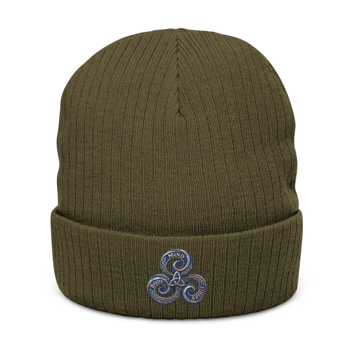 Embroidered Triskelion Ribbed Beanie — Celtic Spiral Knit Hat