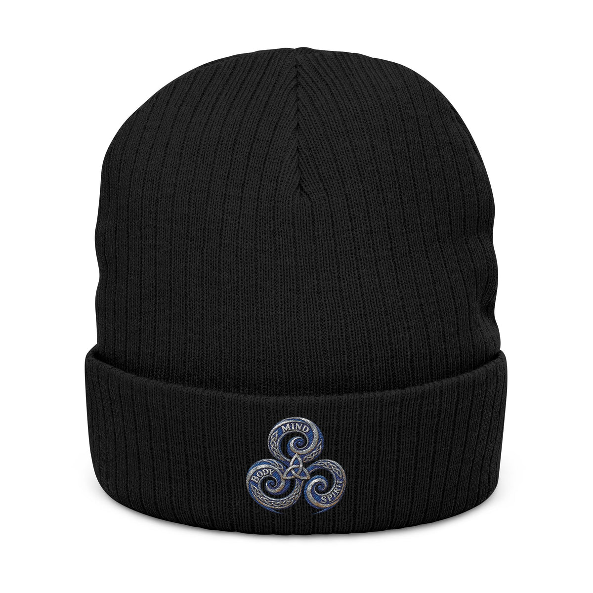 Embroidered Triskelion Ribbed Beanie — Celtic Spiral Knit Hat