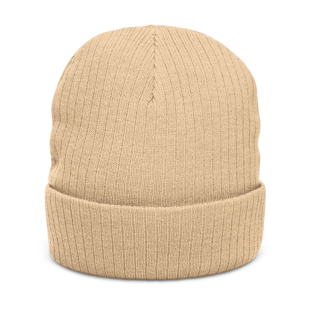 Embroidered Triskelion Ribbed Beanie — Celtic Spiral Knit Hat