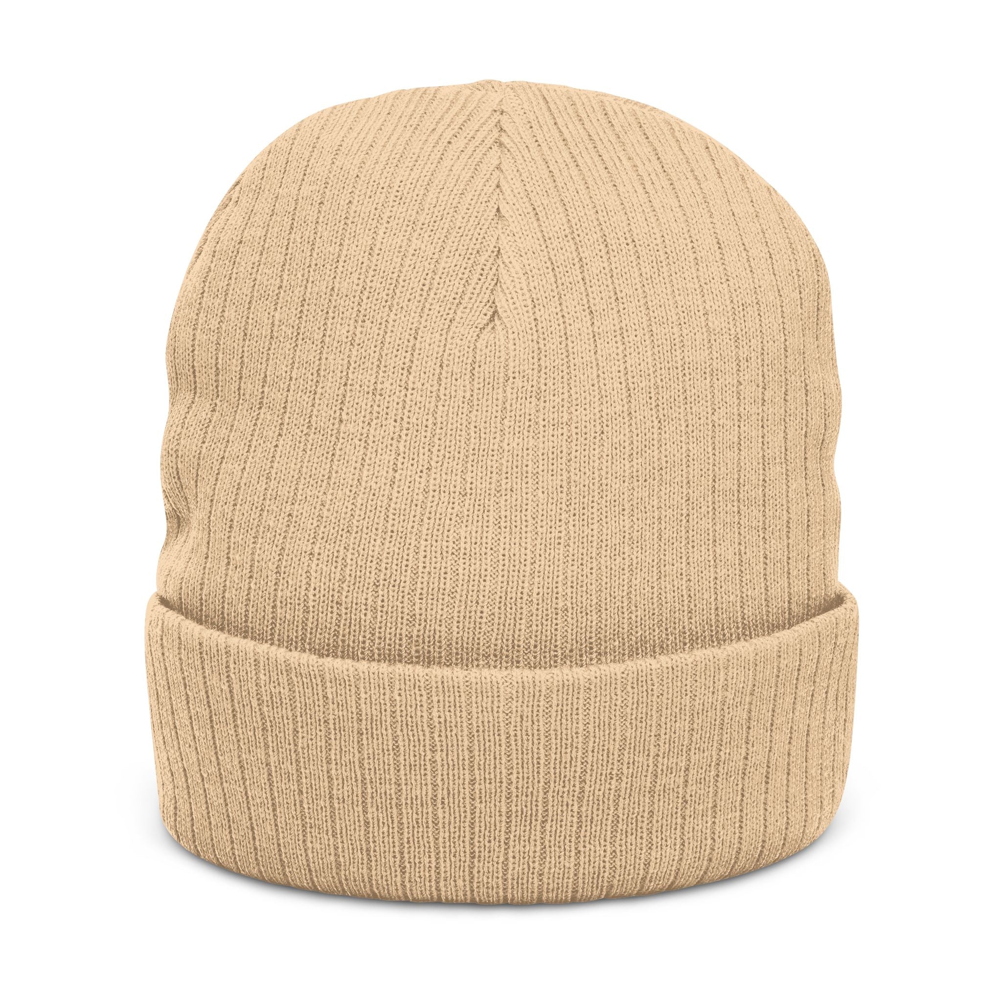 Embroidered Triskelion Ribbed Beanie — Celtic Spiral Knit Hat