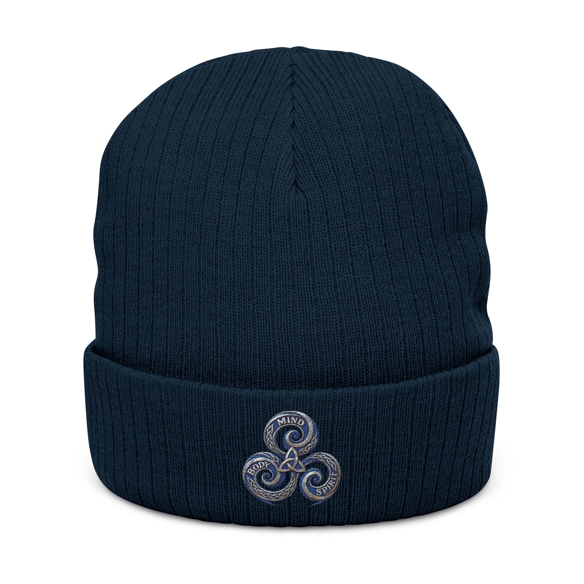 Embroidered Triskelion Ribbed Beanie — Celtic Spiral Knit Hat