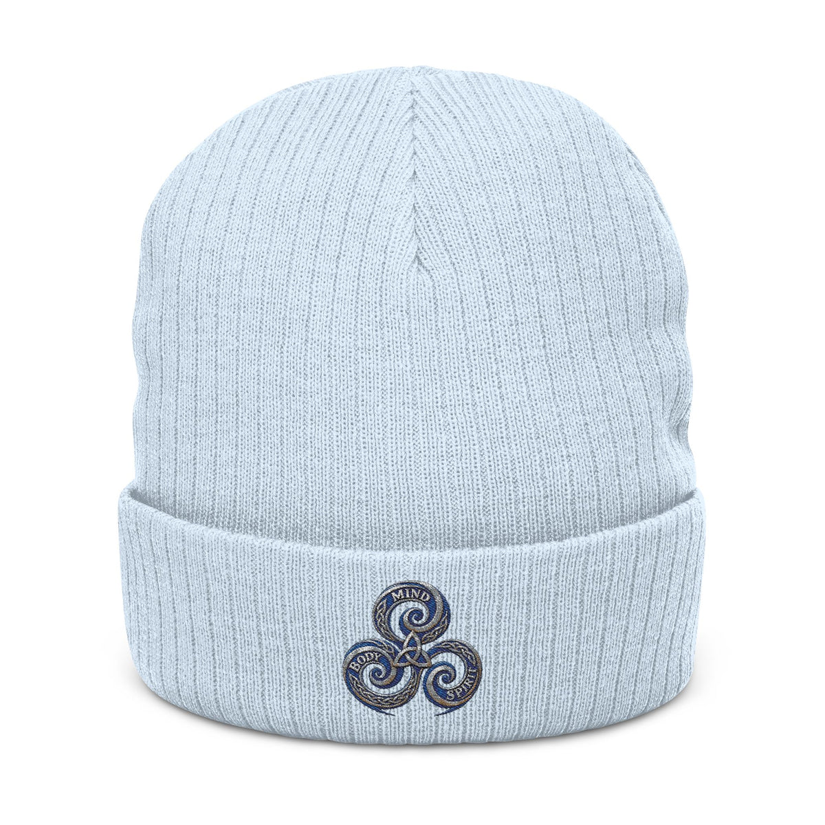 Embroidered Triskelion Ribbed Beanie — Celtic Spiral Knit Hat