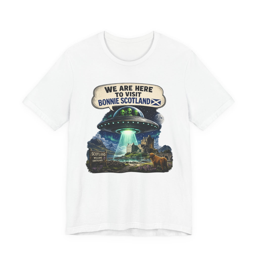 Scotland UFO Tee — "We Are Here to Visit Bonnie Scotland" Travel T‑Shirt