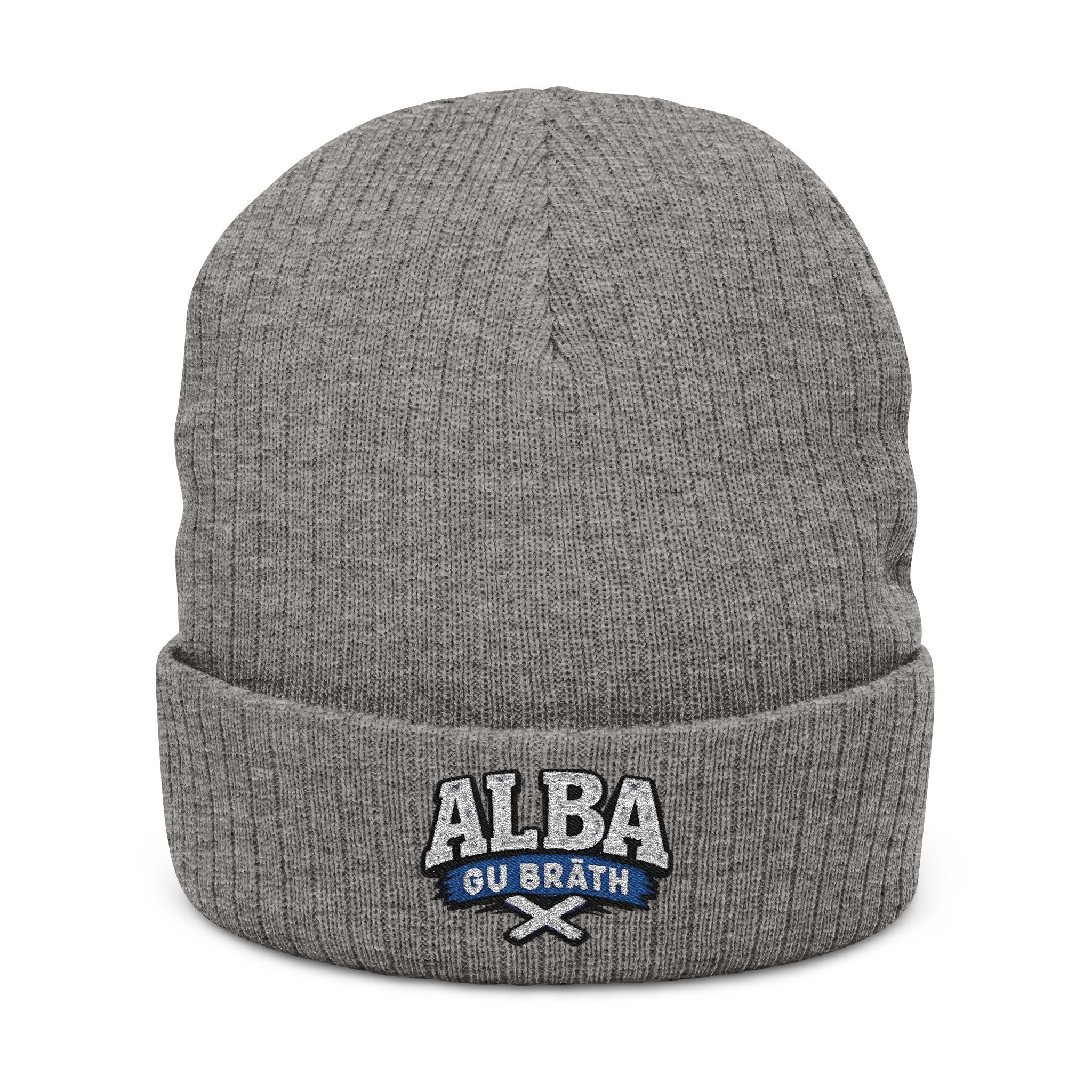 Embroidered Ribbed Beanie - "ALBA Gu Bràth" Celtic Knit Hat