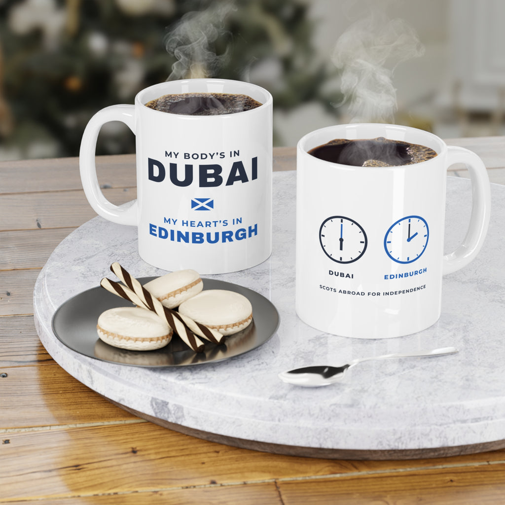 "My Body's in Dubai, My Heart's in Edinburgh" Mug (Asia & Middle East Shipping) | Scottish Expat Time-Zone Gift