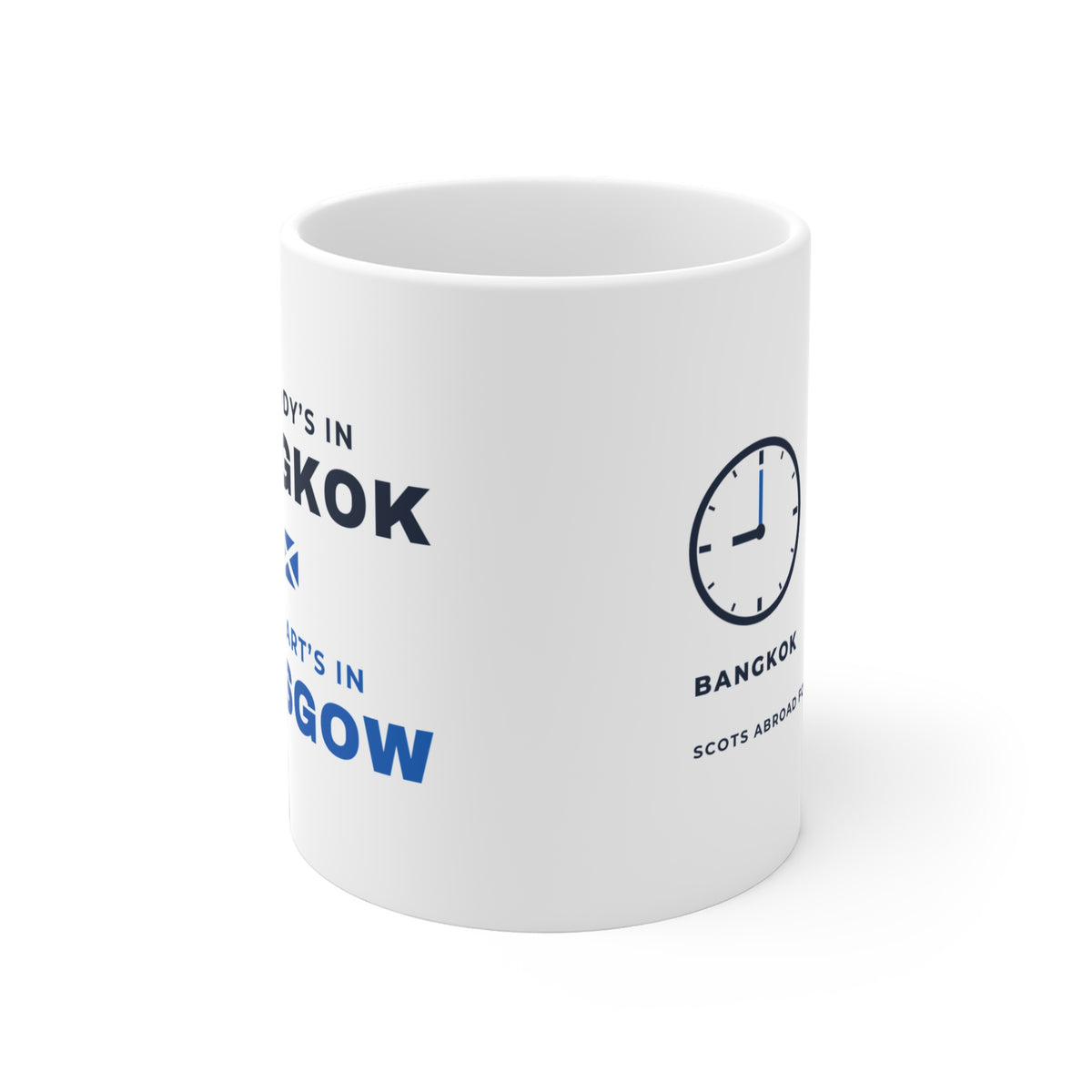 "My Body's in Bangkok, My Heart's in Glasgow" Mug (Asia & Middle East Shipping) | Scottish Expat Time-Zone Gift