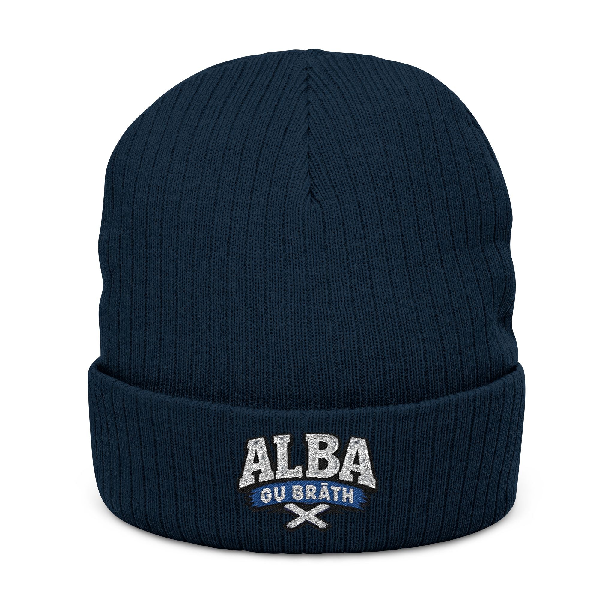 Embroidered Ribbed Beanie - "ALBA Gu Bràth" Celtic Knit Hat