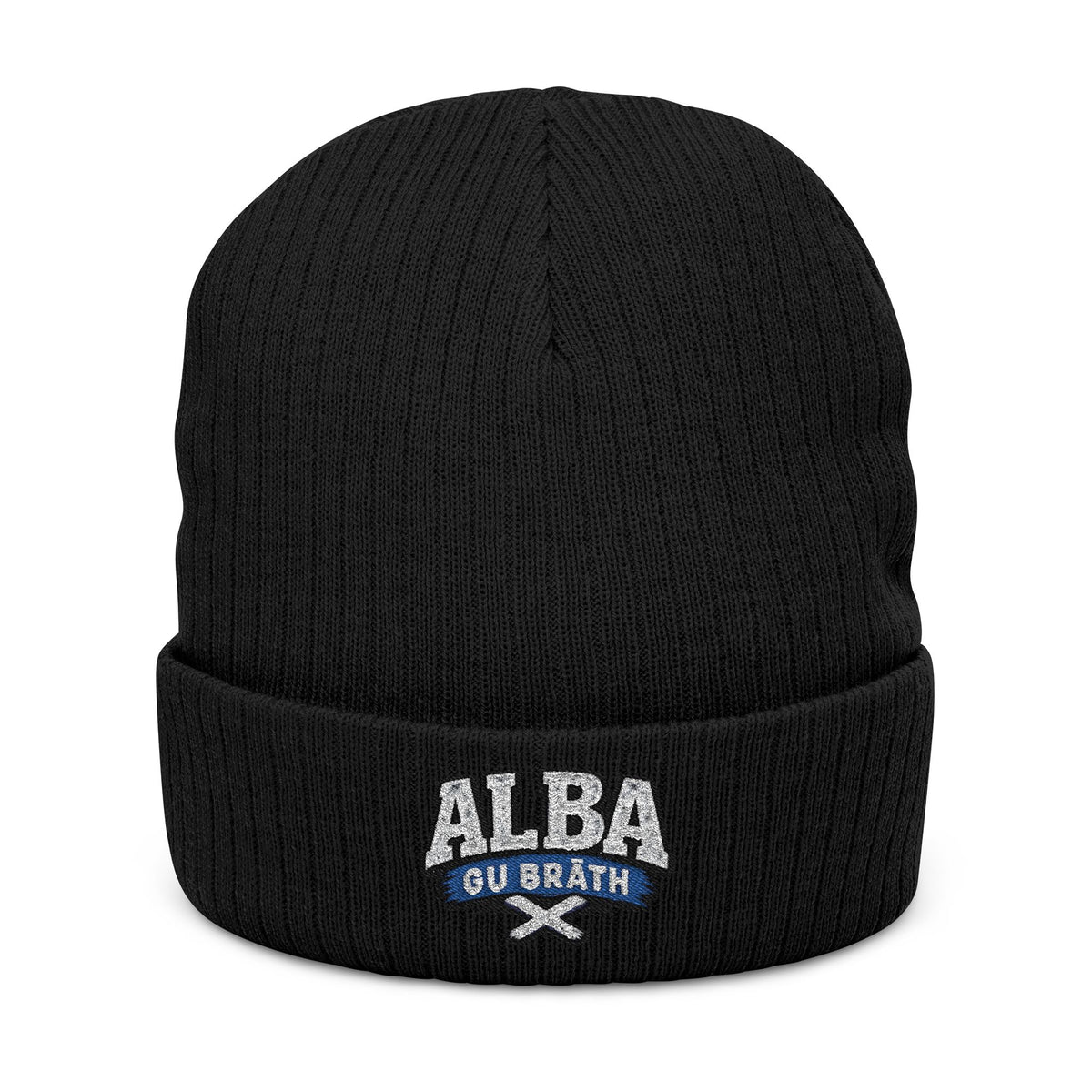 Embroidered Ribbed Beanie - "ALBA Gu Bràth" Celtic Knit Hat