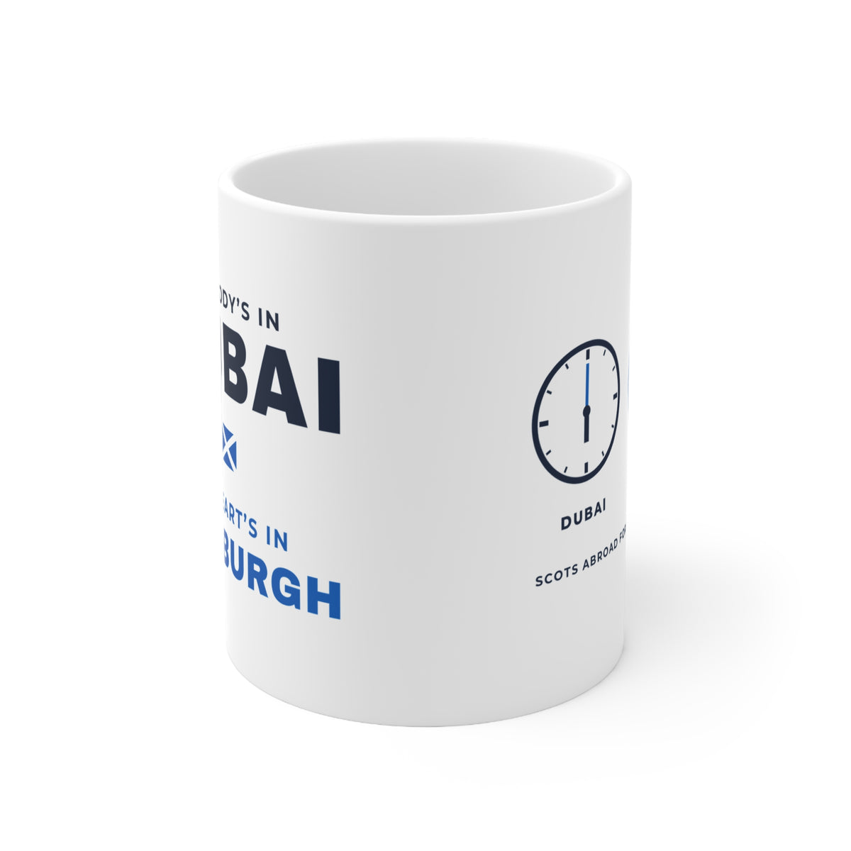 "My Body's in Dubai, My Heart's in Edinburgh" Mug | Scottish Expat Time-Zone Gift
