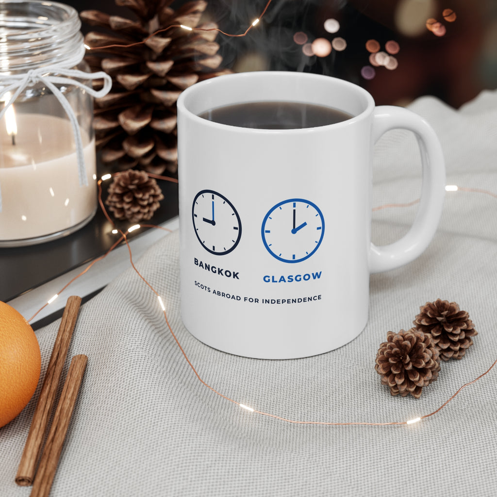 "My Body's in Bangkok, My Heart's in Glasgow" Mug | Scottish Expat Time-Zone Gift