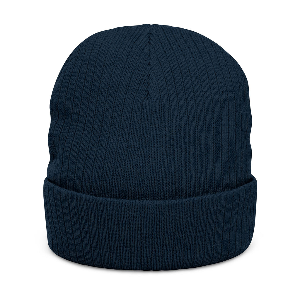 Embroidered Triskelion Ribbed Beanie — Celtic Spiral Knit Hat