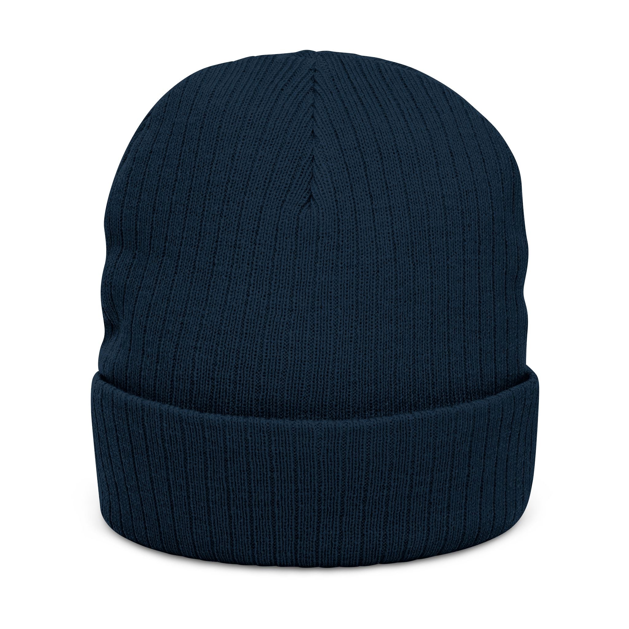 Embroidered Triskelion Ribbed Beanie — Celtic Spiral Knit Hat